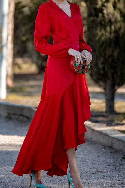 Elegantes vestidos de corte A con escote en V y volantes sólidos