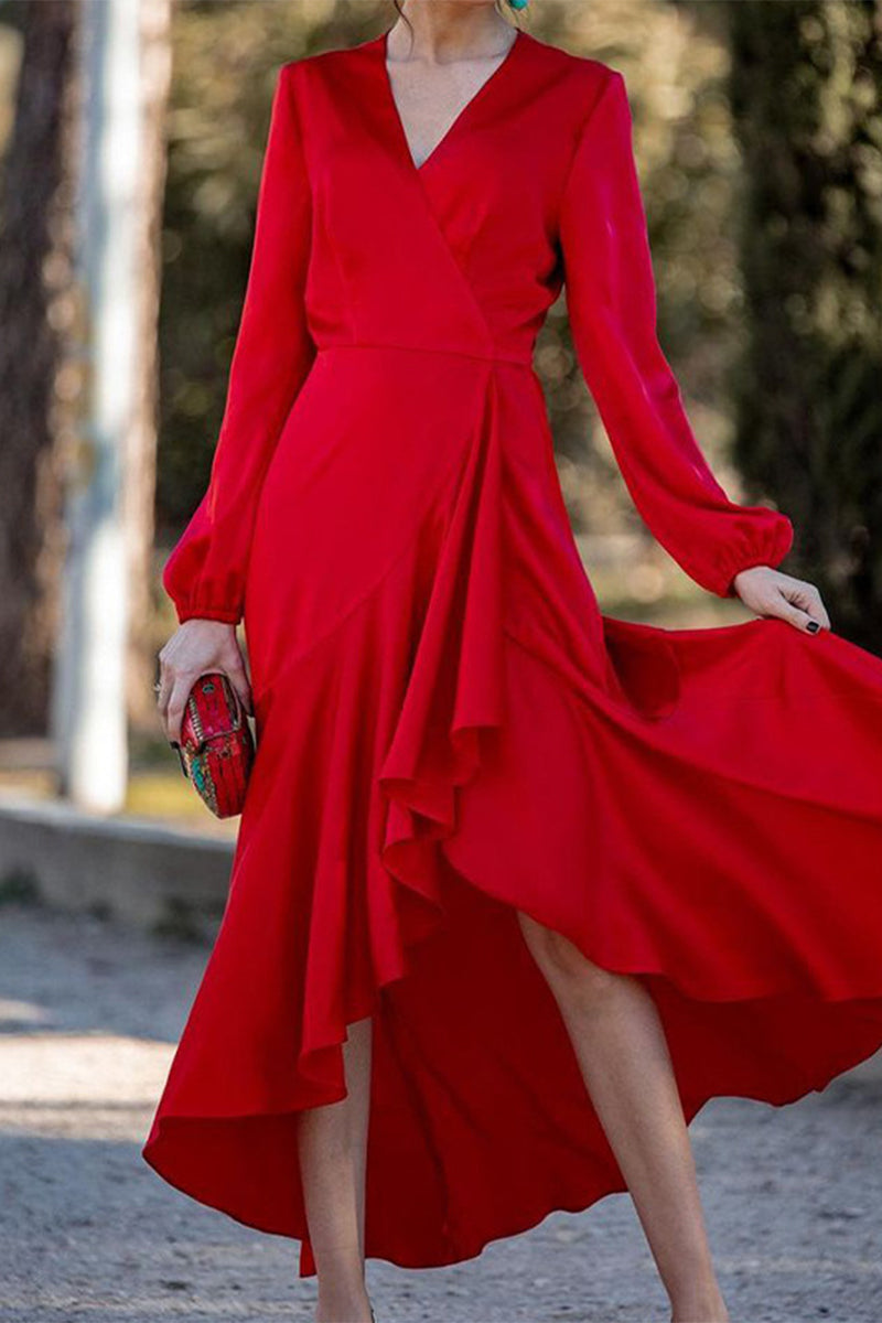 Elegantes vestidos de corte A con escote en V y volantes sólidos
