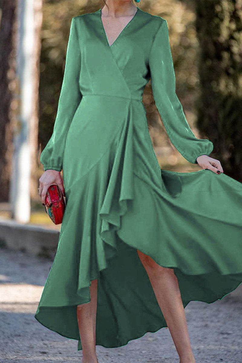Elegantes vestidos de corte A con escote en V y volantes sólidos