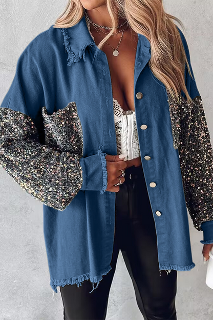 Blusa informal con cuello vuelto, bolsillos y lentejuelas lisas