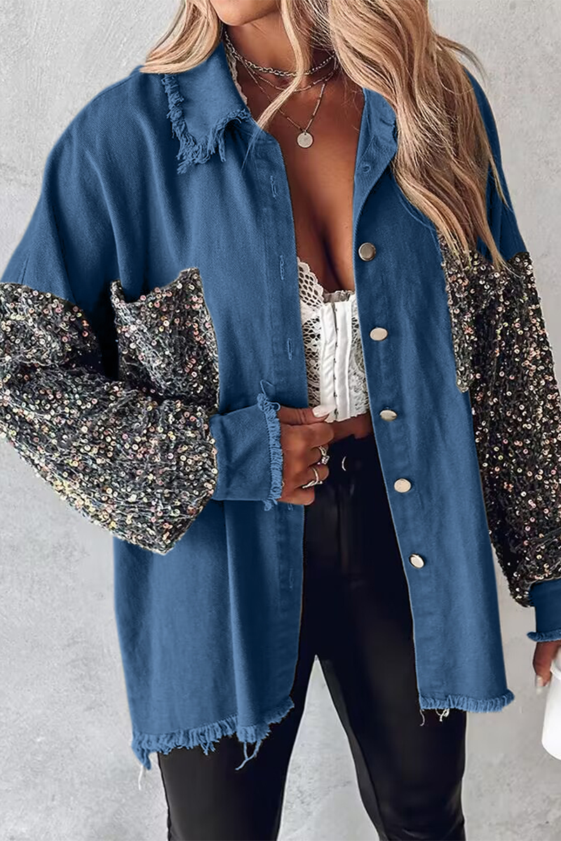 Blusas casuales con cuello vuelto, bolsillos y lentejuelas lisas (4 colores)