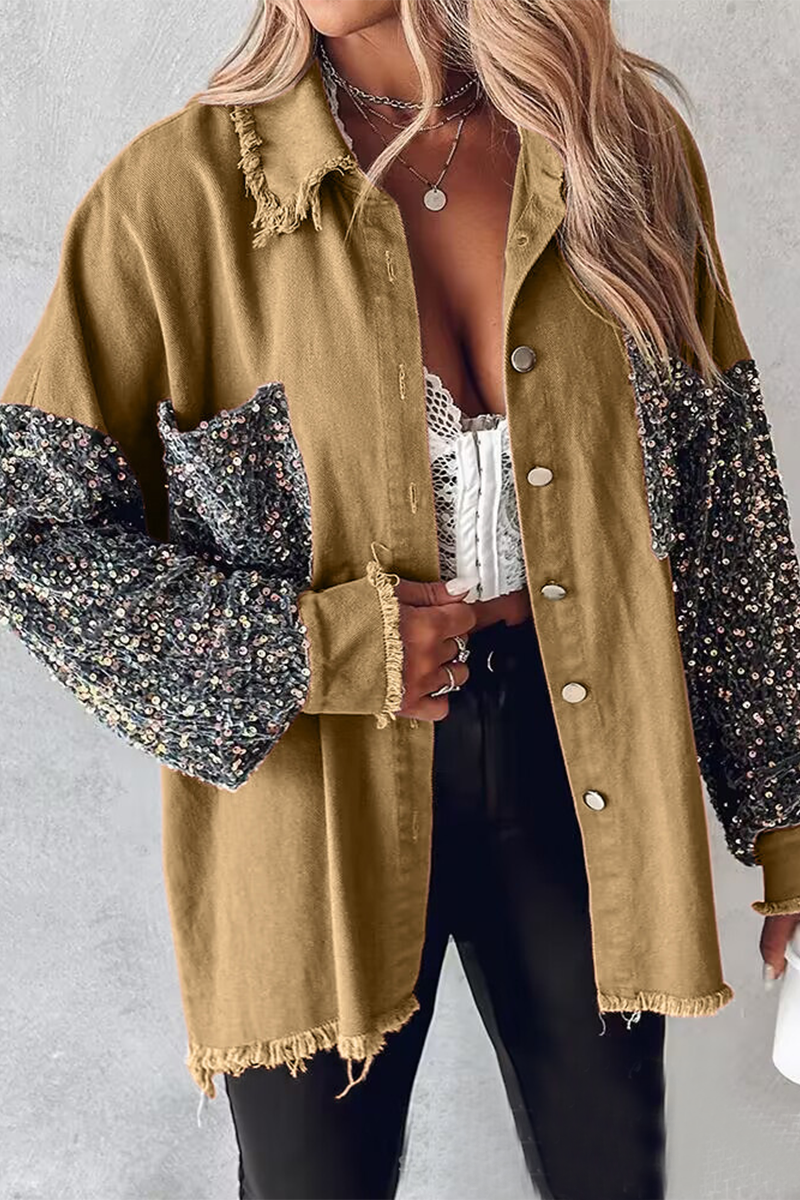 Blusas casuales con cuello vuelto, bolsillos y lentejuelas lisas (4 colores)