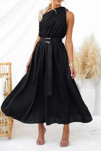 Vestidos sexis con falda de cintura oblicua y cuello oblicuo sin espalda y sólidos