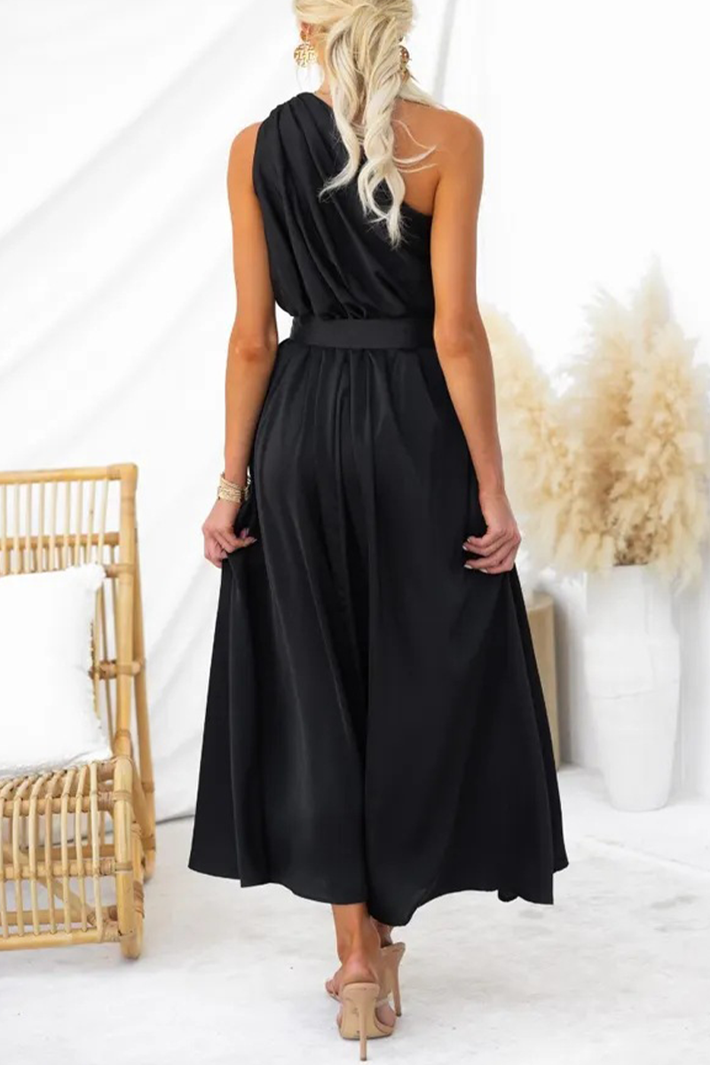 Vestidos sexis con falda de cintura oblicua y cuello oblicuo sin espalda y sólidos