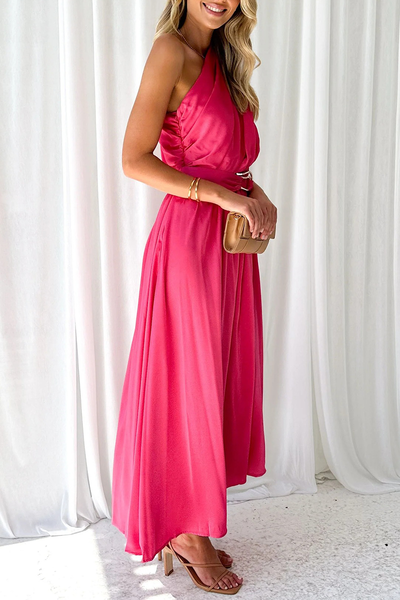 Vestidos sexis con falda de cintura oblicua y cuello oblicuo sin espalda y sólidos