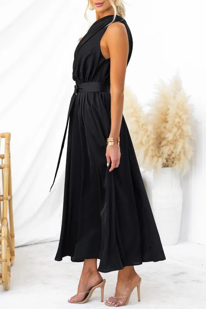 Vestidos sexis con falda de cintura oblicua y cuello oblicuo sin espalda y sólidos