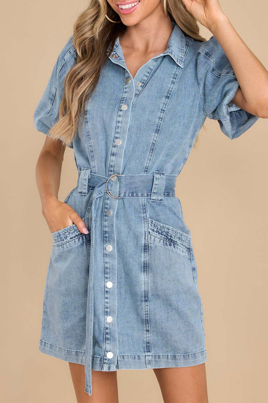 Vestidos casuales de mezclilla de manga larga con cuello vuelto y bolsillos sólidos