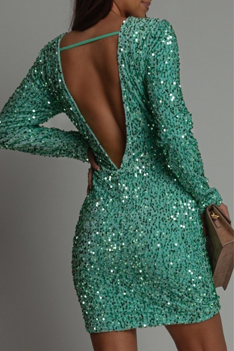 Vestidos sexis de falda cruzada con cuello redondo, lentejuelas y espalda descubierta de color liso