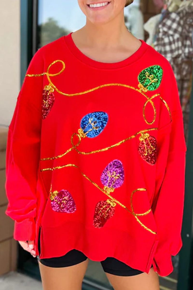 Tops casuales de cuello redondo con lentejuelas y bloques de colores