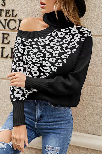 Tops de cuello alto con tejido asimétrico de leopardo de calle