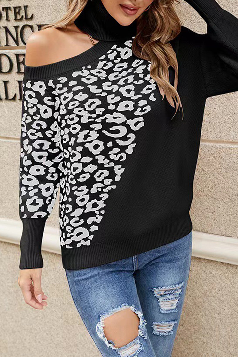 Tops de cuello alto con tejido asimétrico de leopardo de calle