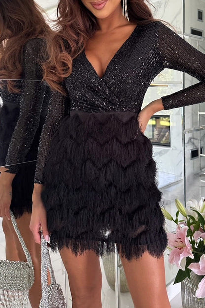 Vestidos sexis de falda cruzada con escote en V y lentejuelas y borlas sólidas