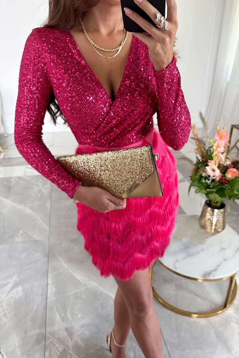 Vestidos sexis de falda cruzada con escote en V y lentejuelas y borlas sólidas