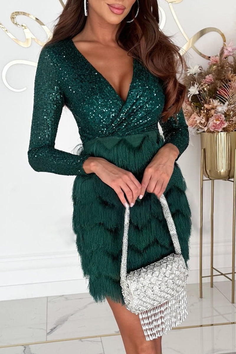 Vestidos sexis de falda cruzada con escote en V y lentejuelas y borlas sólidas
