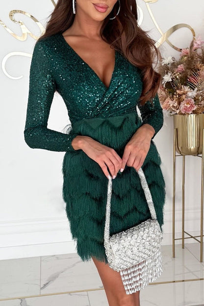 Vestidos sexis de falda cruzada con escote en V y lentejuelas y borlas sólidas