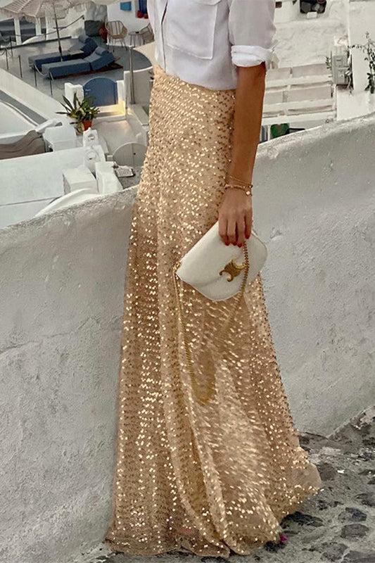 Elegante pantalón de cintura alta con lentejuelas y color liso