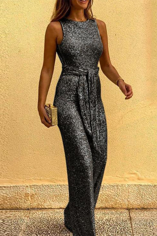 Mono elegante de estilo británico con lentejuelas sólidas, espalda descubierta y cuello redondo