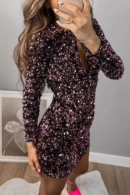 Vestidos sexis vintage de lentejuelas sólidas con frenillo y espalda descubierta con cuello redondo