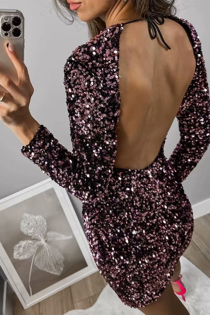 Vestidos sexis vintage de lentejuelas sólidas con frenillo y espalda descubierta con cuello redondo