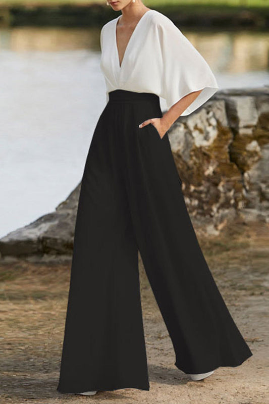Mono holgado estilo británico elegante con cuello en V, bolsillos y contraste de bloques de color