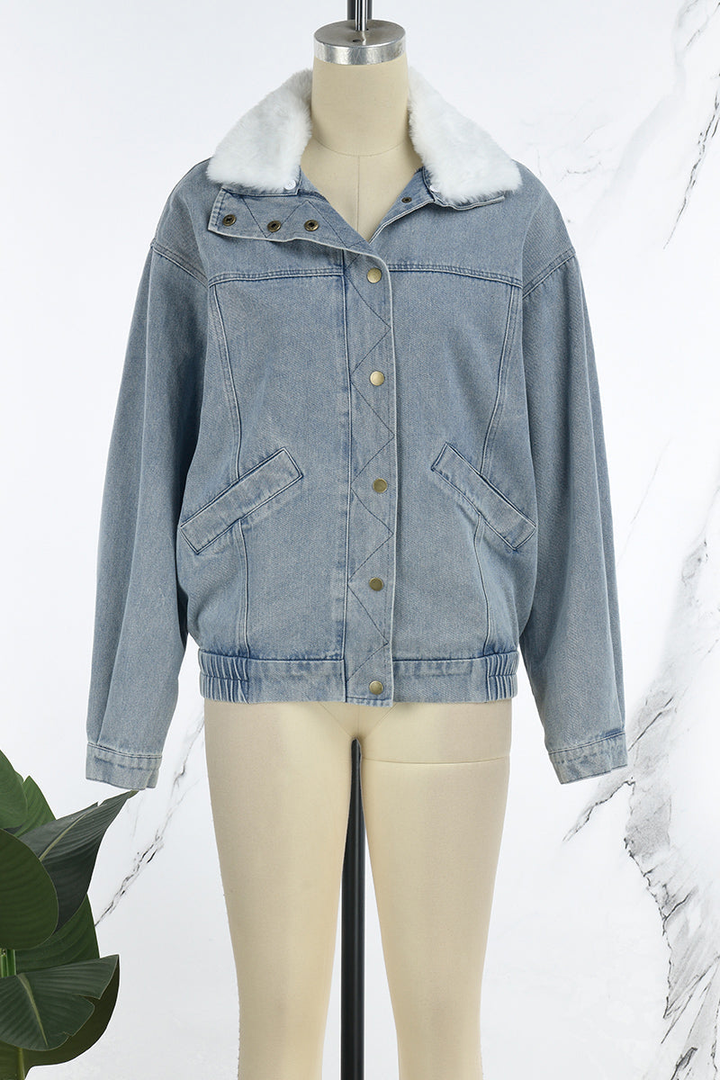 Chaqueta vaquera informal de manga larga con cuello vuelto y parches lisos