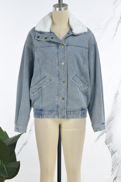 Chaqueta vaquera informal de manga larga con cuello vuelto y parches lisos