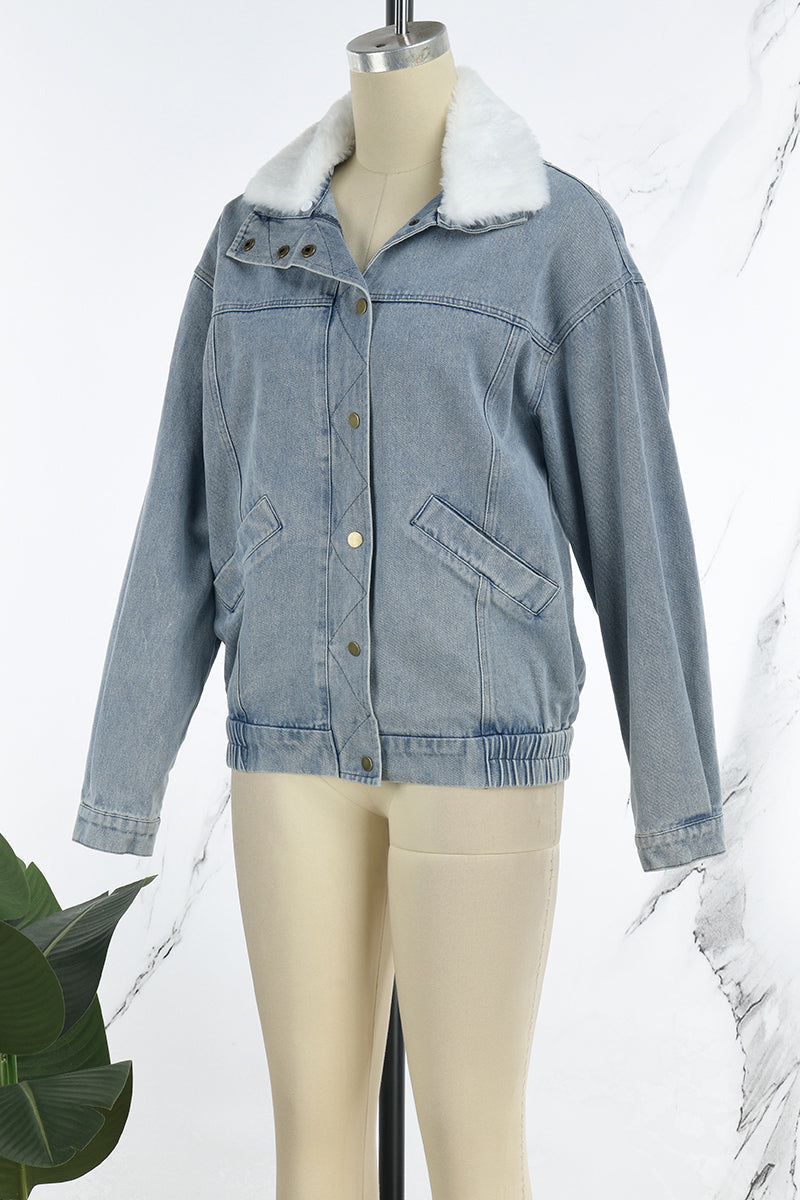 Chaqueta vaquera informal de manga larga con cuello vuelto y parches lisos
