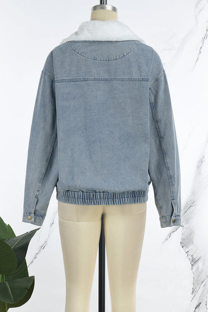 Chaqueta vaquera informal de manga larga con cuello vuelto y parches lisos