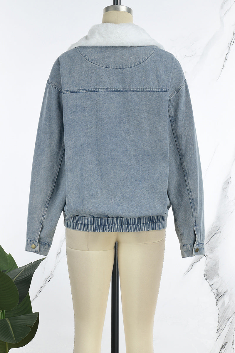 Chaqueta vaquera informal de manga larga con cuello vuelto y parches lisos