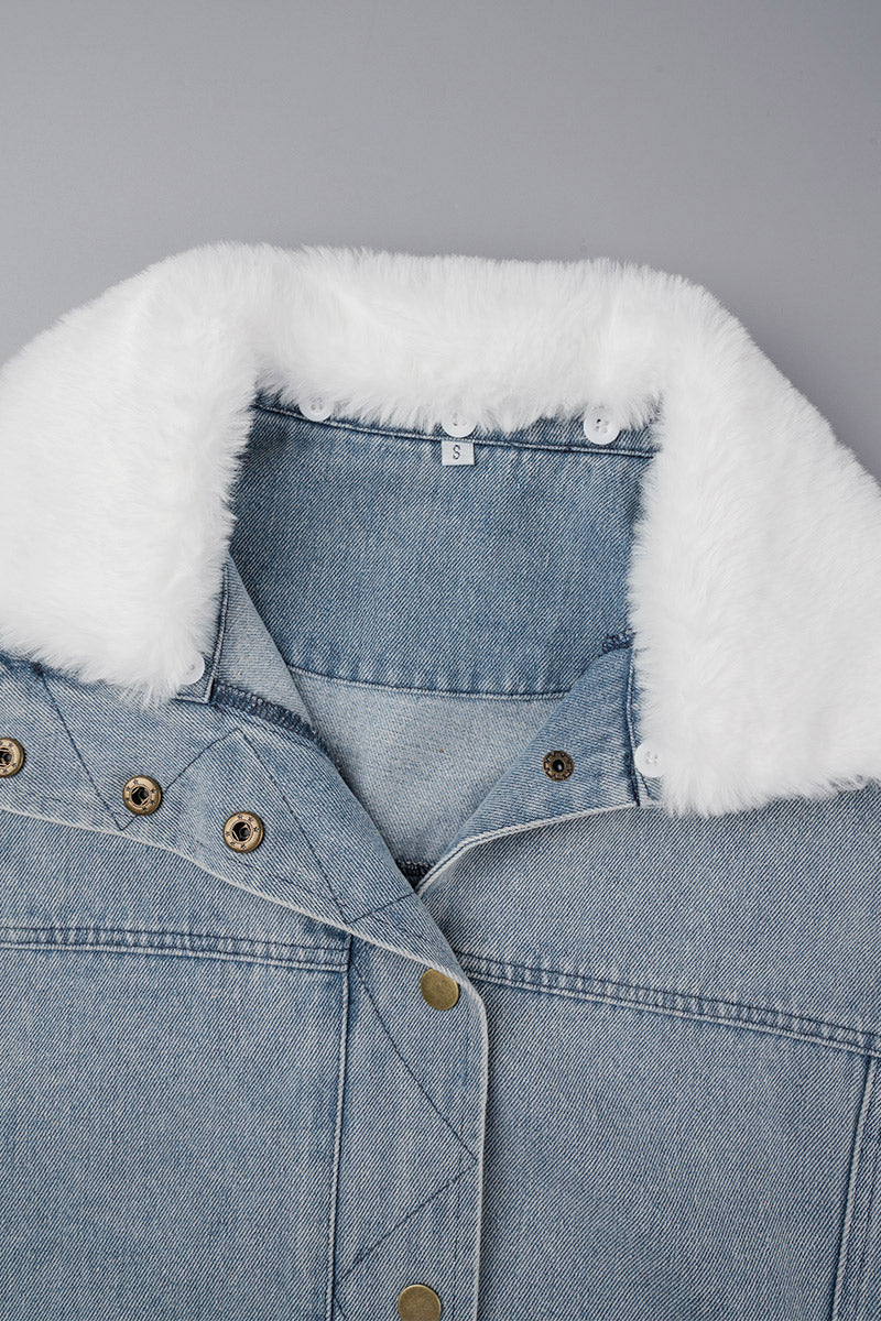 Chaqueta vaquera informal de manga larga con cuello vuelto y parches lisos