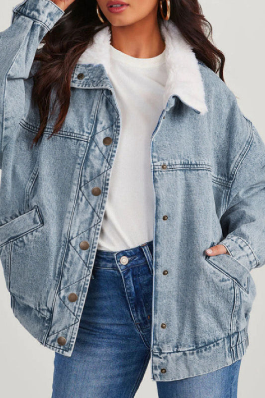 Chaqueta vaquera informal de manga larga con cuello vuelto y parches lisos