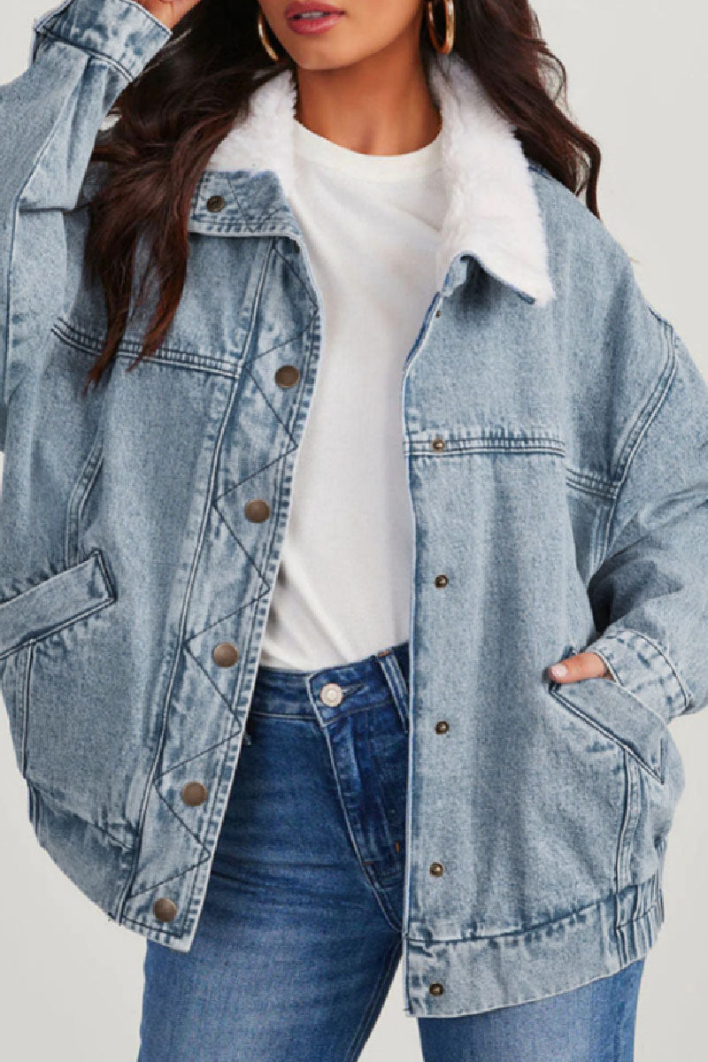 Chaqueta vaquera informal de manga larga con cuello vuelto y parches lisos
