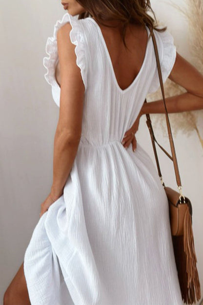 Vestido largo informal sencillo con aberturas lisas y orillo de fibra, escote en V.