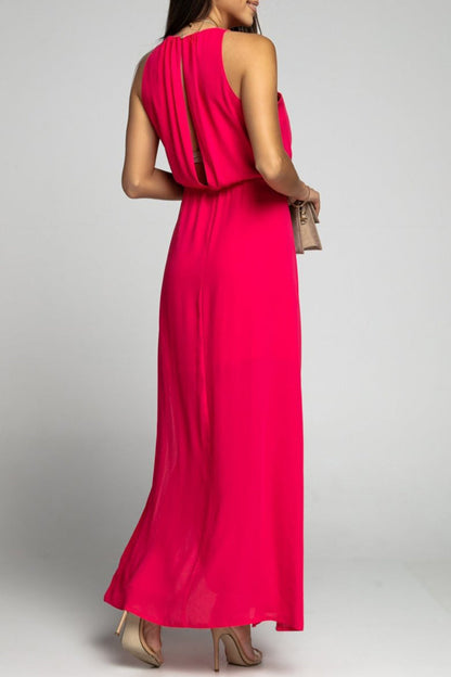 Elegante vestido liso sin espalda con abertura y cuello redondo sin mangas