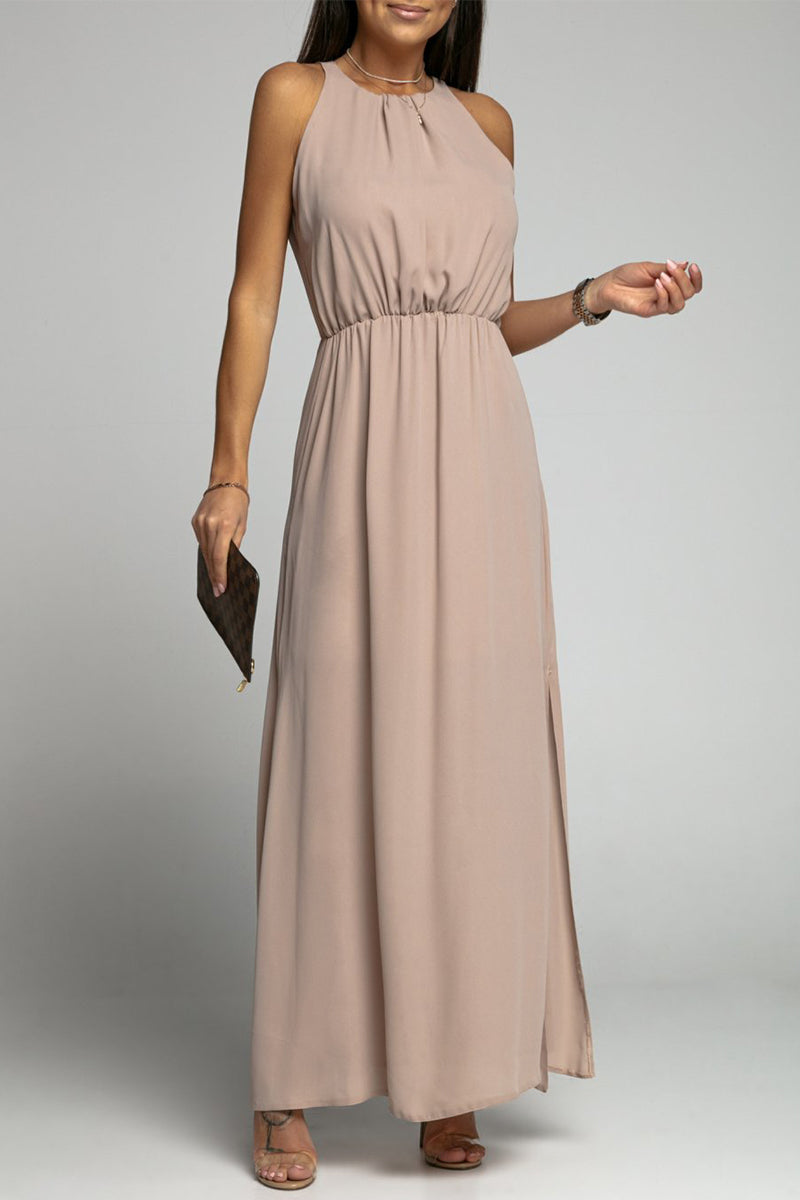 Elegante vestido liso sin espalda con abertura y cuello redondo sin mangas
