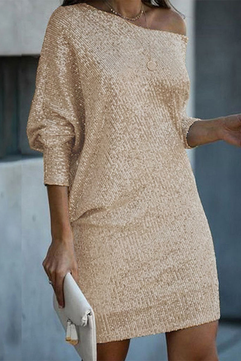 Elegante vestido de línea A con cuello oblicuo y lentejuelas sólidas