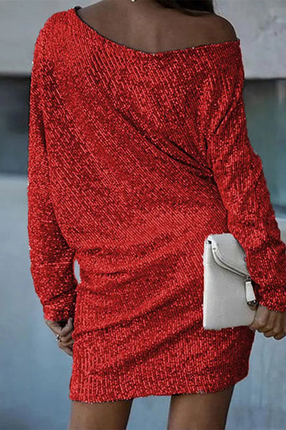 Elegantes vestidos de línea A con cuello oblicuo y lentejuelas sólidas