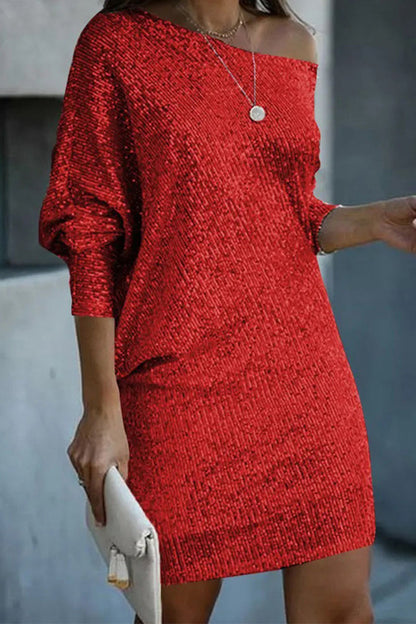 Elegantes vestidos de línea A con cuello oblicuo y lentejuelas sólidas