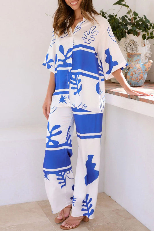 Conjunto informal de dos piezas con cuello vuelto, manga corta y estampado geométrico diario