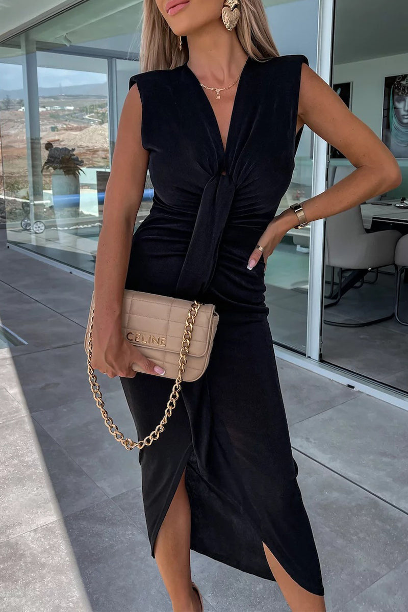 Vestido irregular con escote en V, sexy y sencillo, liso y con pliegues.