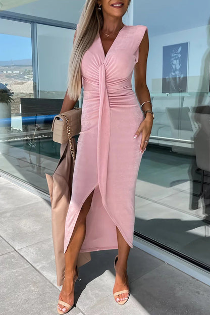 Vestido irregular con escote en V, sexy y sencillo, liso y con pliegues.