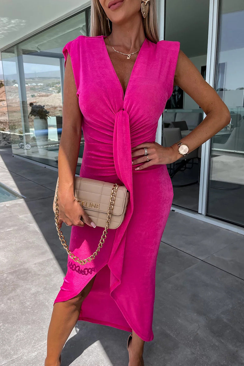 Vestido irregular con escote en V, sexy y sencillo, liso y con pliegues.