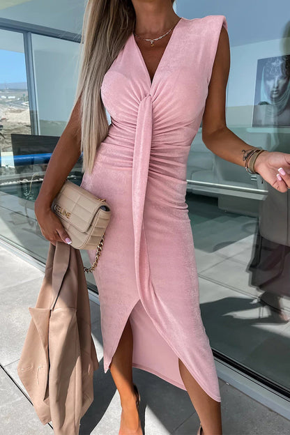 Vestido irregular con escote en V, sexy y sencillo, liso y con pliegues.