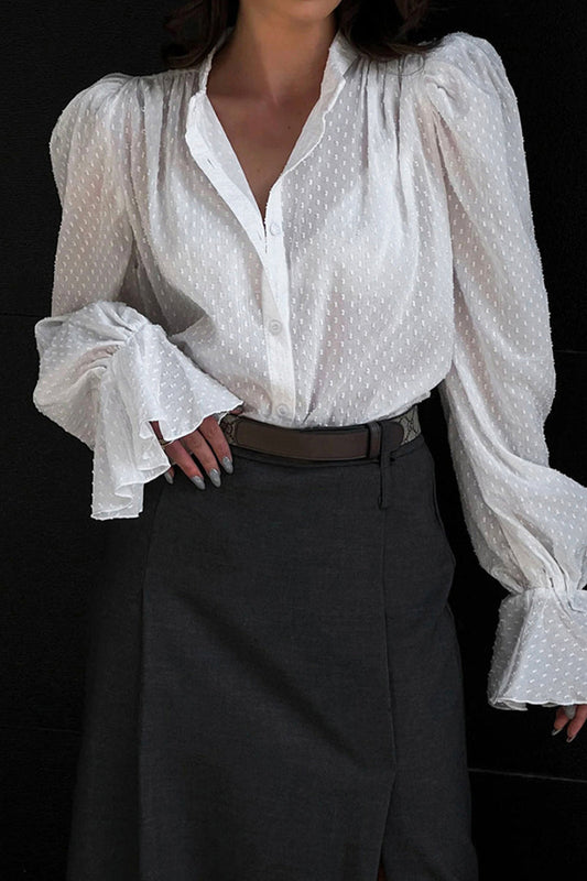 Blusas elegantes y elegantes con cuello mandarín y volantes lisos