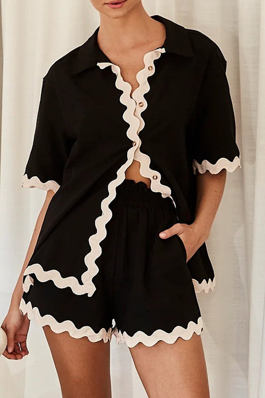 Conjunto informal de dos piezas con cuello vuelto, manga corta, bolsillos y bloques de color, estilo sencillo