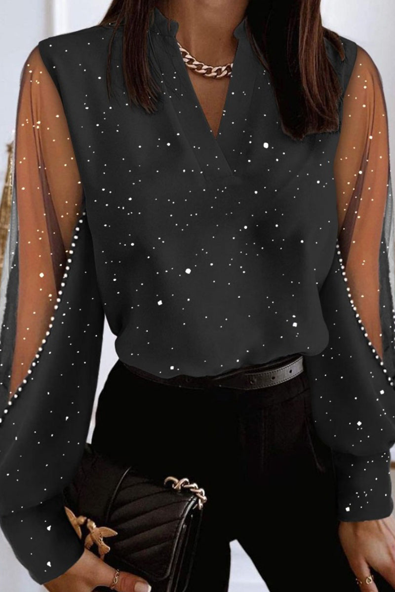 Tops casuales de patchwork con cuello en V transparente (4 colores)