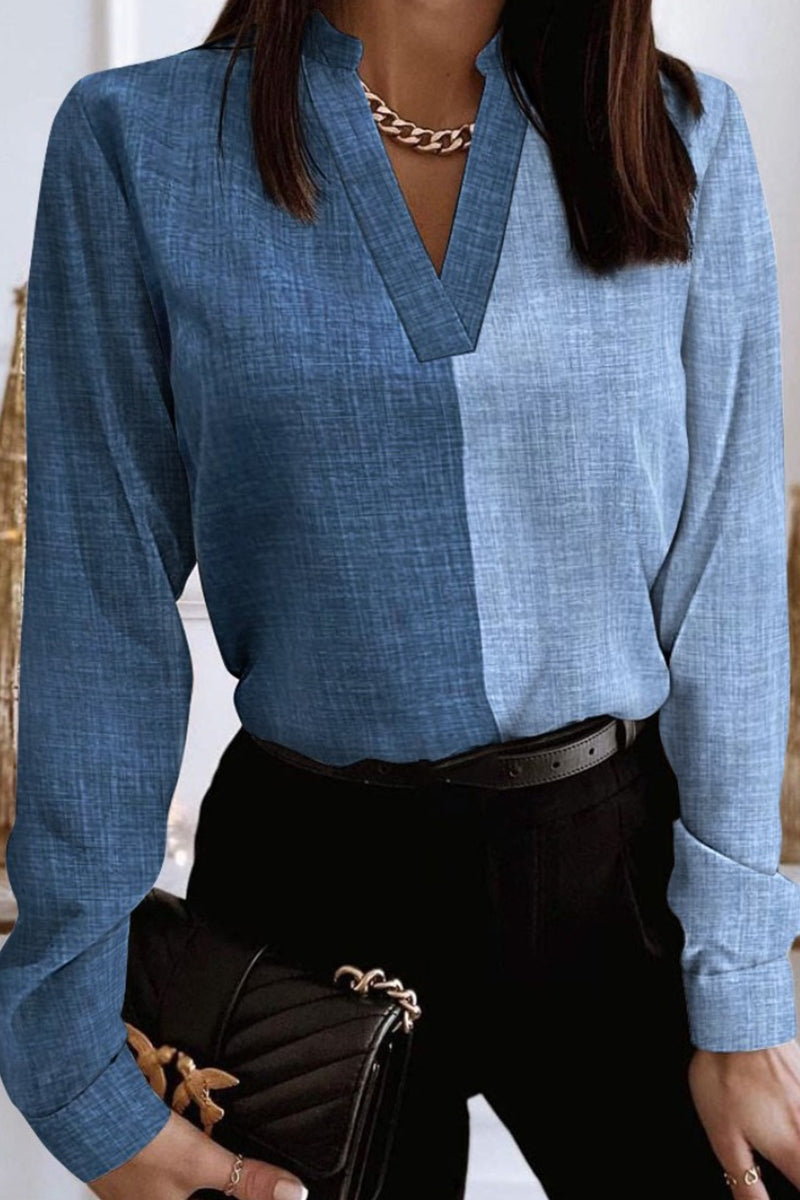 Tops casuales de patchwork con cuello en V transparente (4 colores)