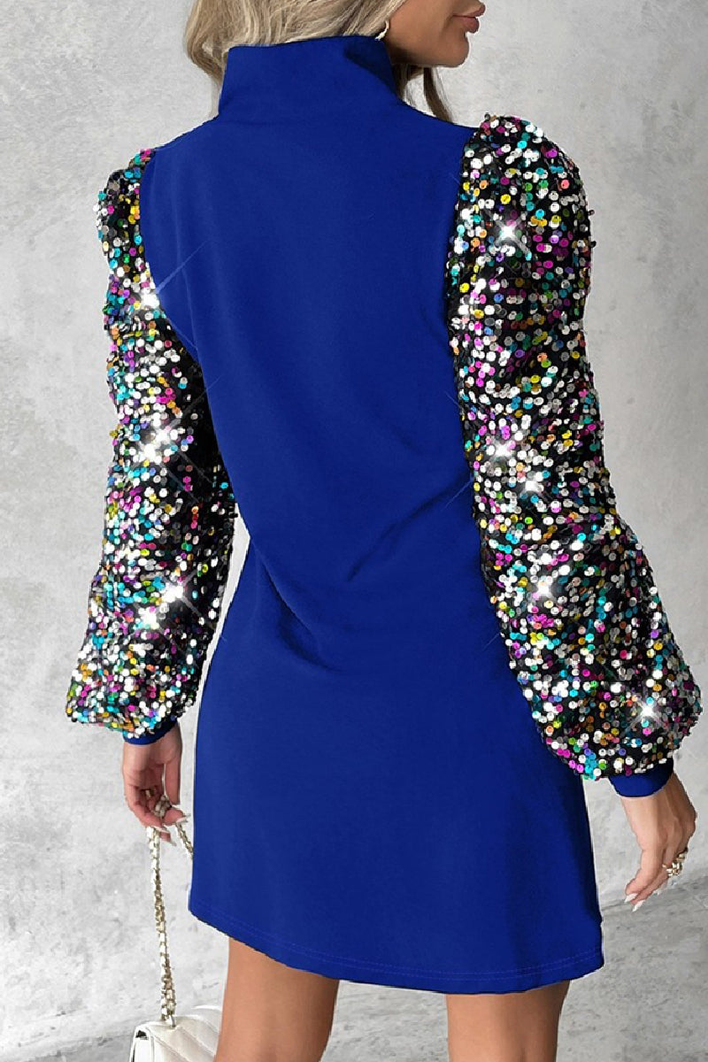Vestidos casuales de manga larga con cuello alto y lentejuelas ahuecadas con patchwork