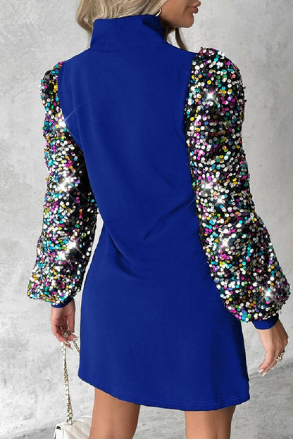 Vestidos casuales de manga larga con cuello alto y lentejuelas ahuecadas con patchwork