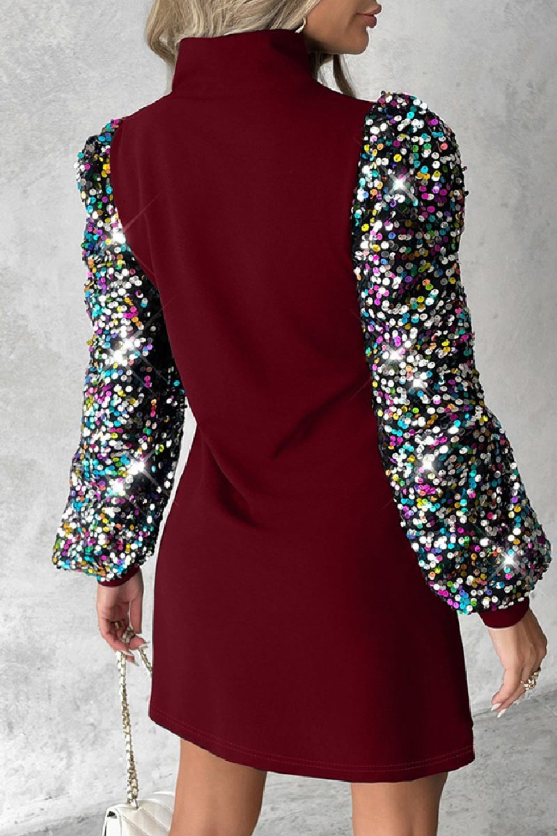 Vestidos casuales de manga larga con cuello alto y lentejuelas ahuecadas con patchwork